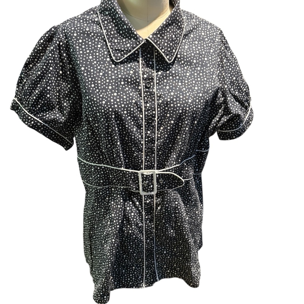 FANG Vintage Monochrome Polka Dot Belted Blouse Puffed Sleeve Piped Trim